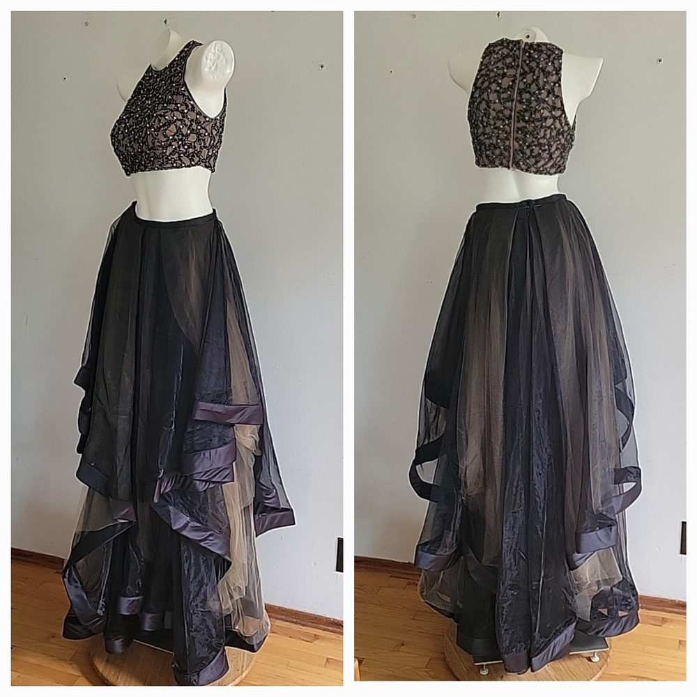 Terani Couture Gown 2 Black Two Piece Beaded High Neck Crop Top Organza Skirt - Picture 2 of 13